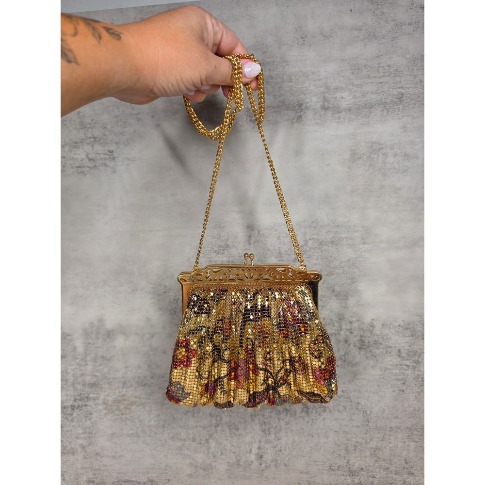 Whiting and Davis‎ Vintage Gold Metal Mesh Floral Bag Kiss Lock Filigree Chain